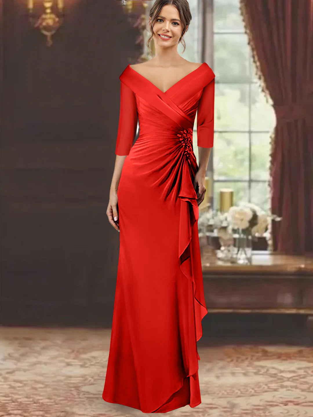 Sheath/Column V-Neck Floor-Length 3/4 Sleeve Mother of the Bride Dresses