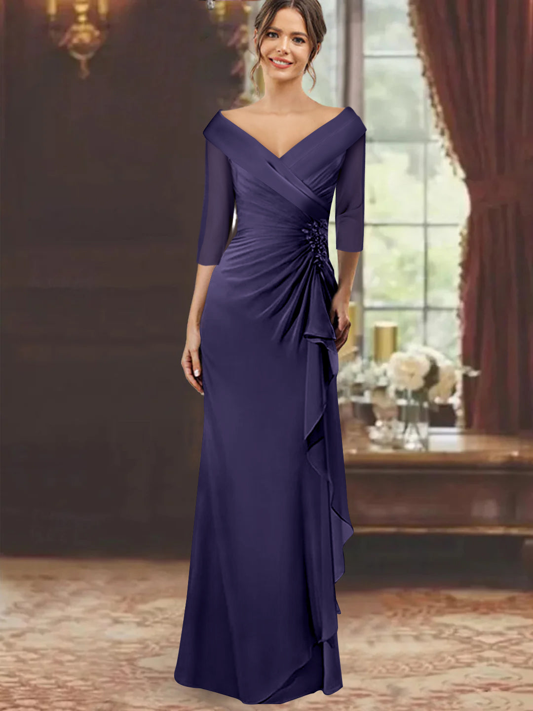 Sheath/Column V-Neck Floor-Length 3/4 Sleeve Mother of the Bride Dresses