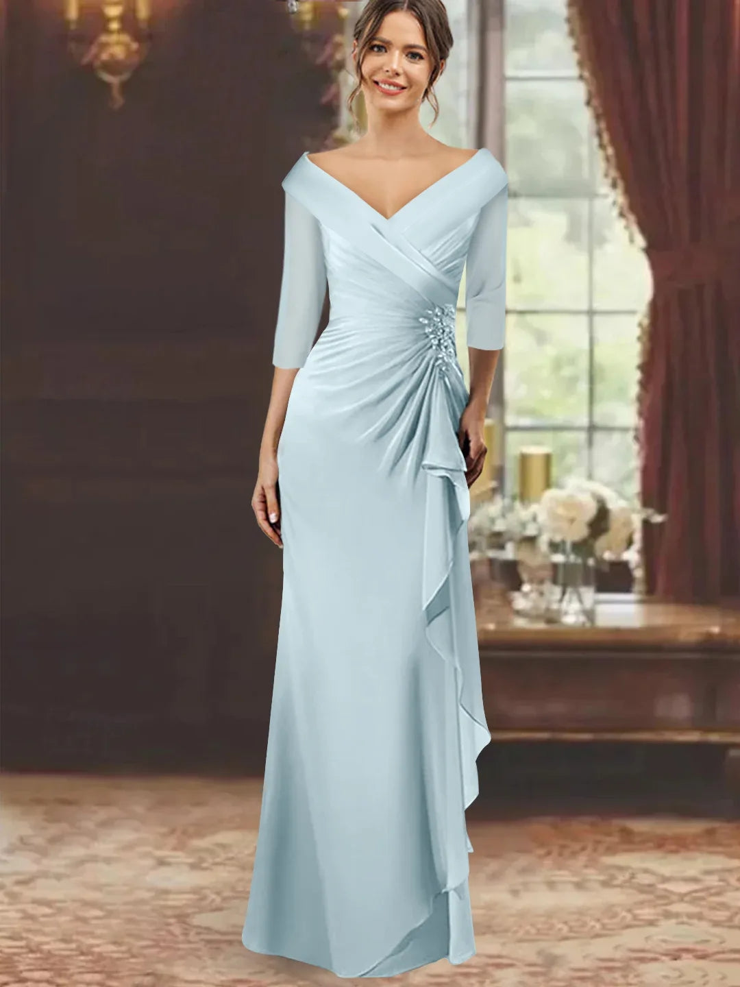 Sheath/Column V-Neck Half Sleeves Floor-Length Mother of the Bride Dre