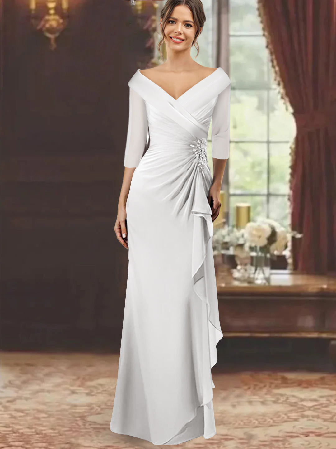 Tea Length Mother Of Bride Dresses At Jcpenney Sheath/Column V-Neck Half Sleeves Floor-Length Mother Of The Bride Dre Mondressy Tea Length Mother Of Bride Dresses At Jcpenney Sheath/Column V-Neck Half Sleeves Floor-Length Mother Of The Bride Dre Mondressy