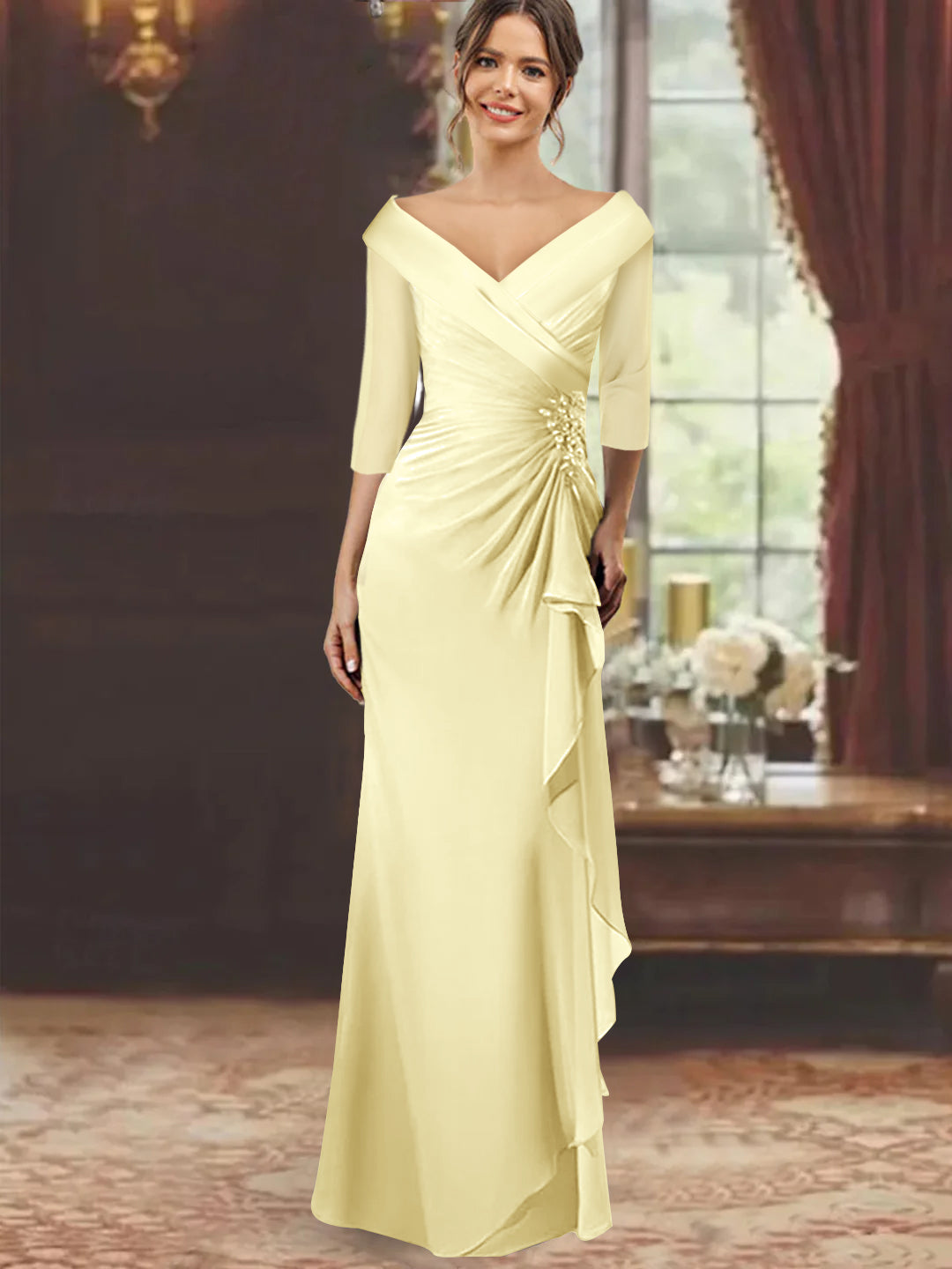 Sheath/Column V-Neck Floor-Length 3/4 Sleeve Mother of the Bride Dresses