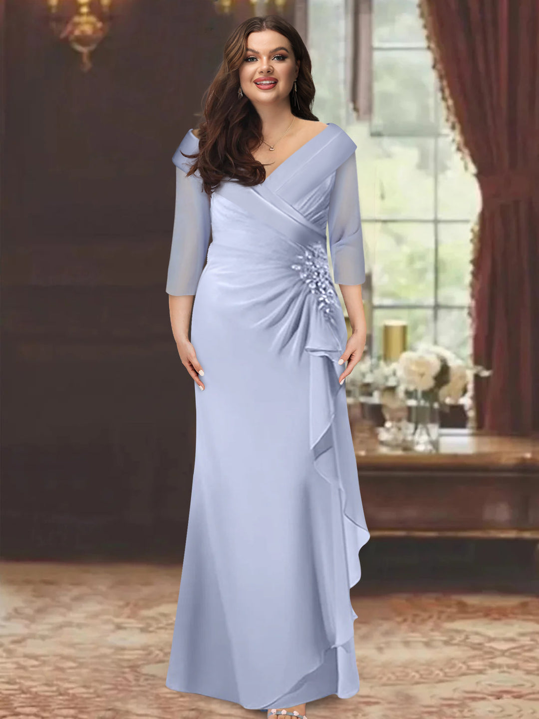 Sheath/Column V-Neck Half Sleeves Floor-Length Mother of the Bride Dresses with Ruffles & Appliques