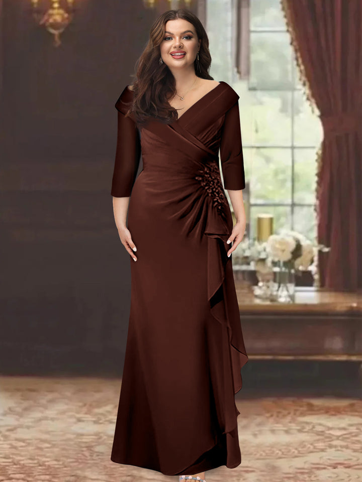 Sheath/Column V-Neck Half Sleeves Floor-Length Plus Size Mother of the Bride Dresses with Ruffles & Appliques