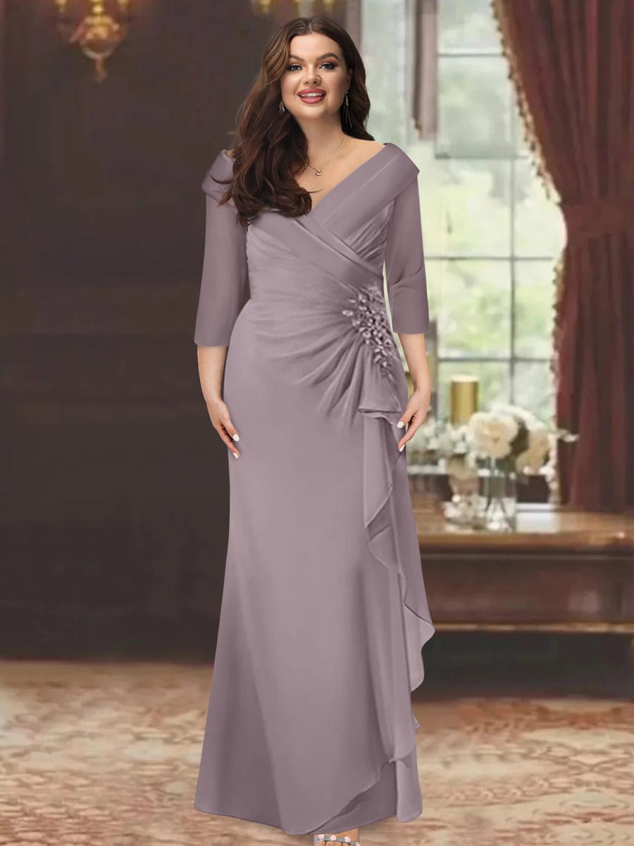 Sheath/Column V-Neck Half Sleeves Floor-Length Mother of the Bride Dresses with Applique & Lace