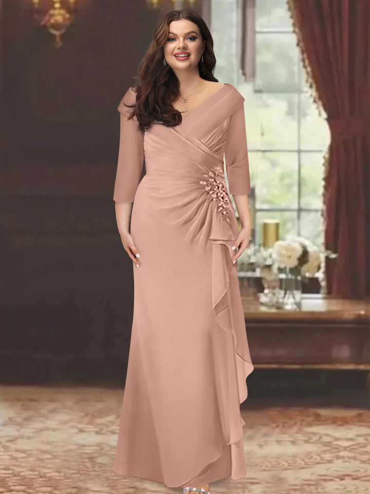 Sheath/Column V-Neck Half Sleeves Floor-Length Plus Size Mother of the Bride Dresses with Ruffles & Appliques