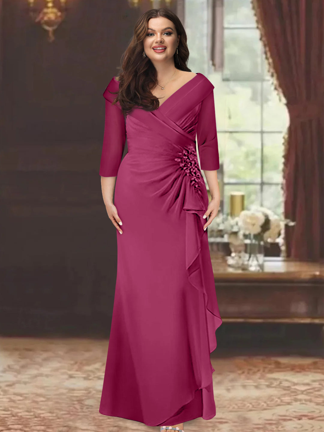 Sheath/Column V-Neck Half Sleeves Floor-Length Plus Size Mother of the Bride Dresses with Ruffles & Appliques