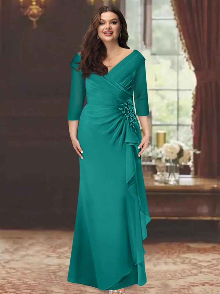 Sheath/Column V-Neck Half Sleeves Floor-Length Plus Size Mother of the Bride Dresses with Ruffles & Appliques