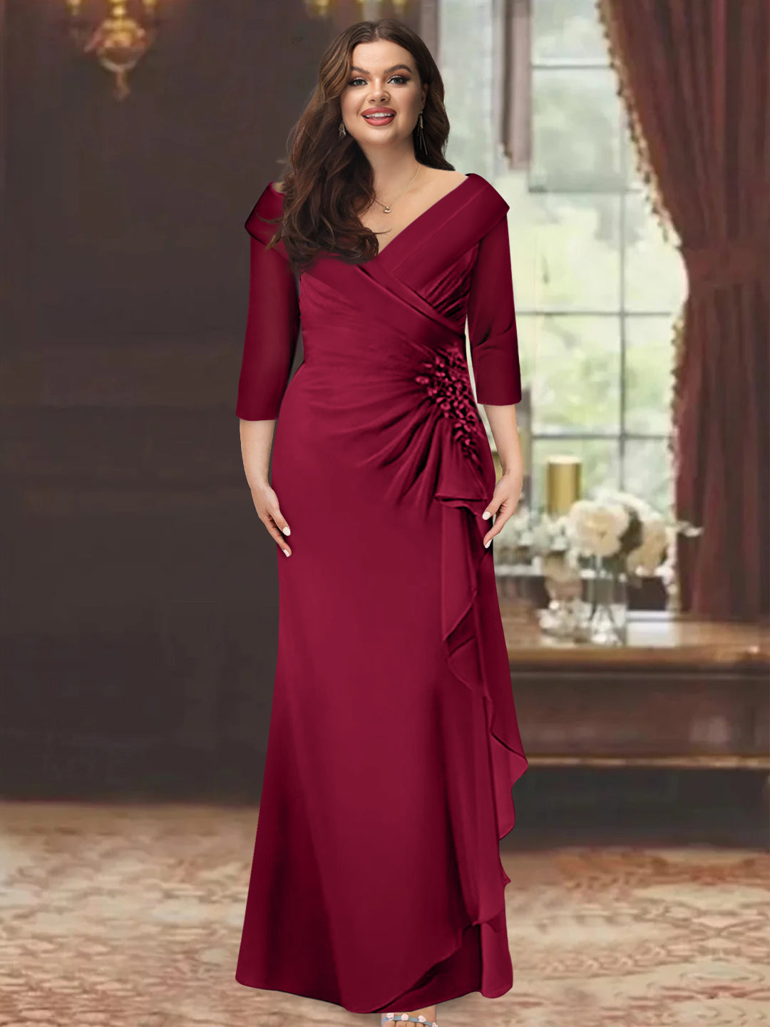 Sheath/Column V-Neck Half Sleeves Floor-Length Plus Size Mother of the Bride Dresses with Ruffles & Appliques