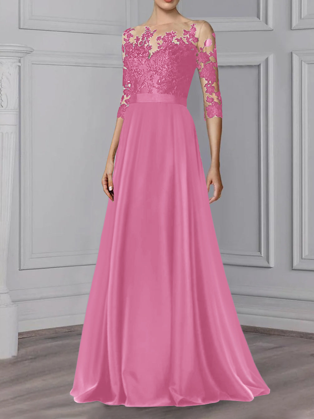 A-Line/Princess Jewel Neck 3/4 Length Sleeves Floor-Length Mother of the Bride Dresses