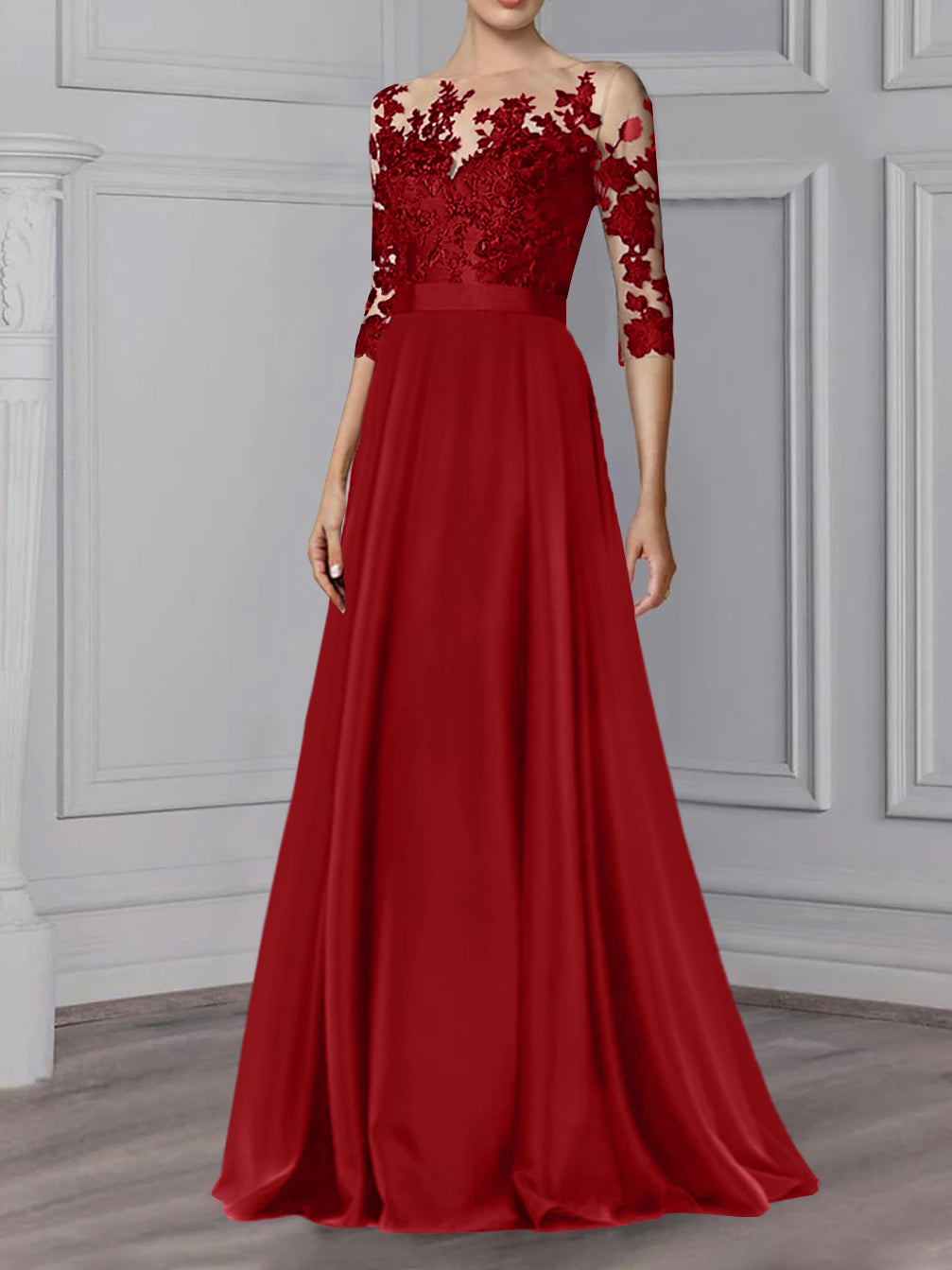 A-Line/Princess Jewel Neck 3/4 Length Sleeves Floor-Length Mother