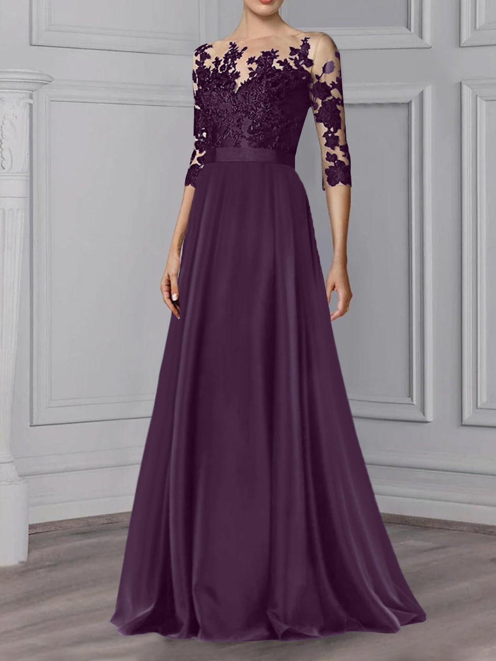 A-Line/Princess Jewel Neck 3/4 Length Sleeves Floor-Length Mother