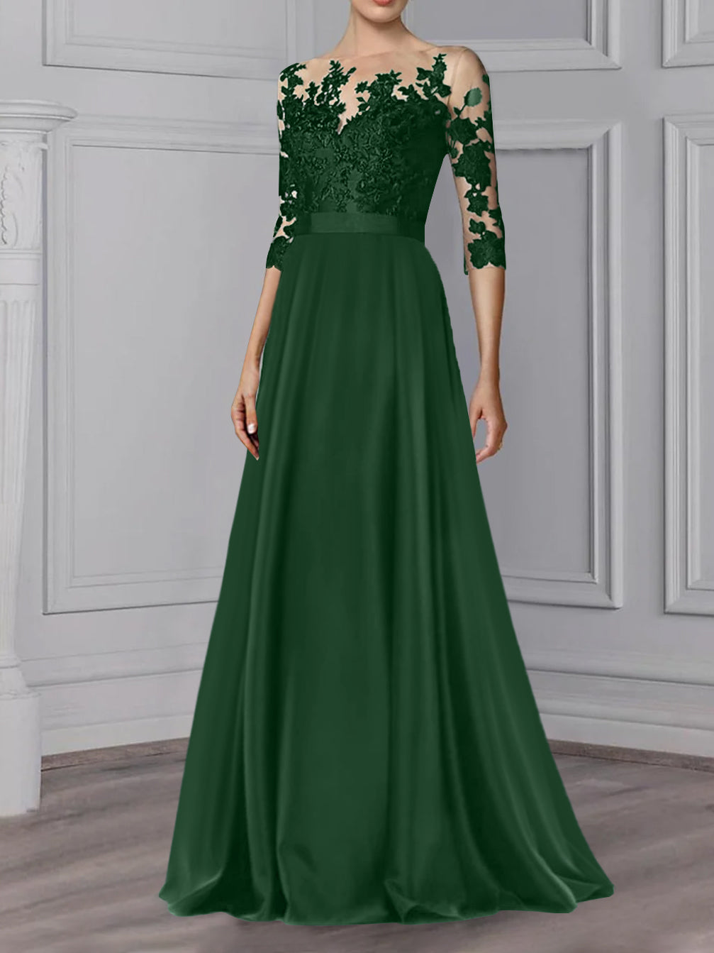 A-Line/Princess Jewel Neck 3/4 Length Sleeves Floor-Length Mother of the Bride Dresses Green Black A-Line/Princess Jewel Neck 3/4 Length Sleeves Floor-Length Mother of the Bride Dresses Green Black
