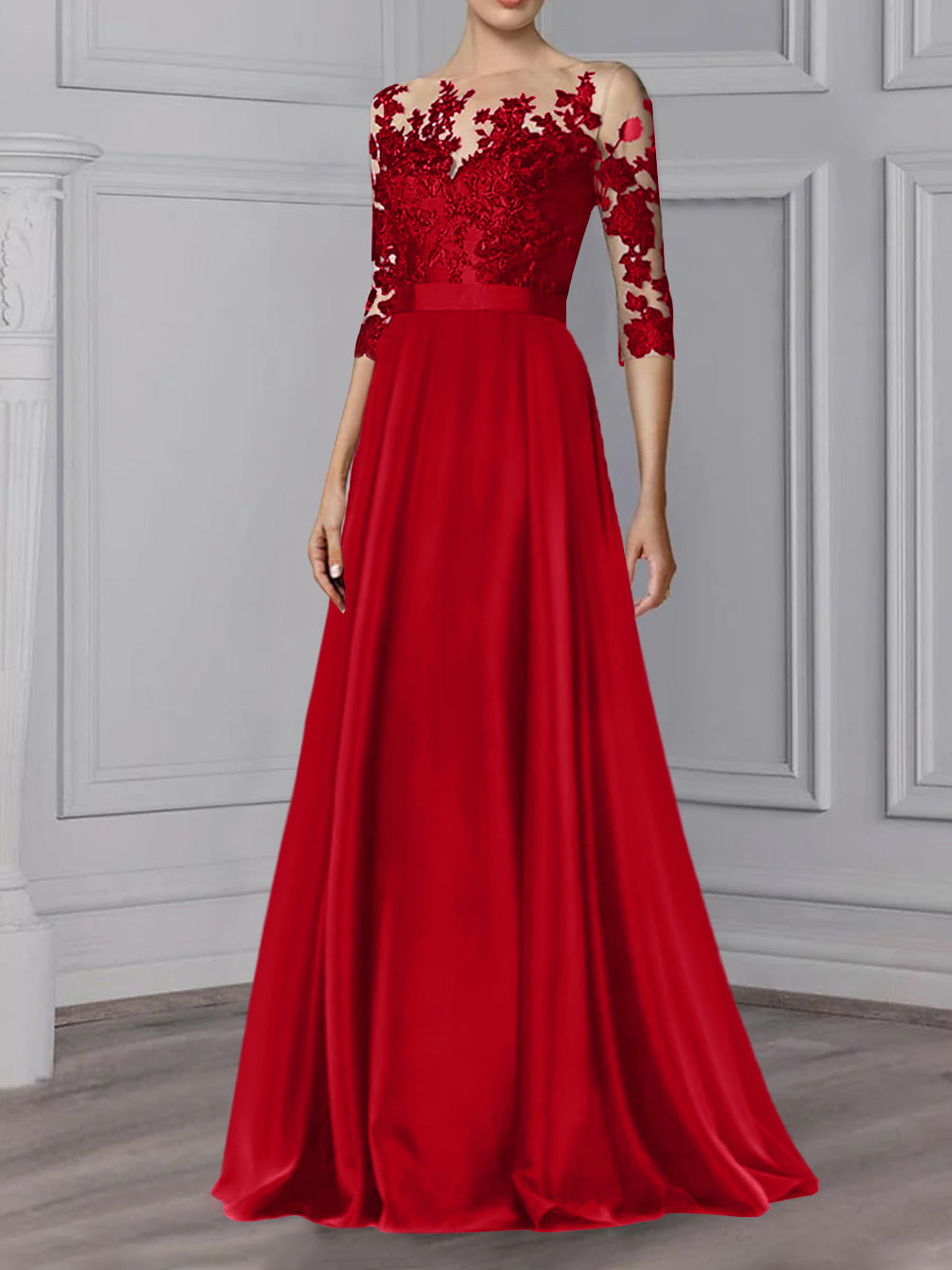 A-Line/Princess Jewel Neck 3/4 Length Sleeves Floor-Length Mother of the Bride Dresses Charcoal Gray A-Line/Princess Jewel Neck 3/4 Length Sleeves Floor-Length Mother of the Bride Dresses Charcoal Gray