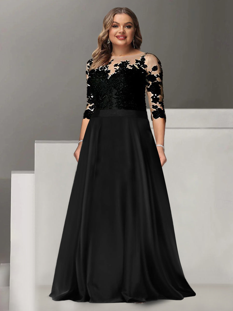 A-Line/Princess Jewel Neck 3/4 Length Sleeves Floor-Length Plus Size Mother of the Bride & Groom Dresses