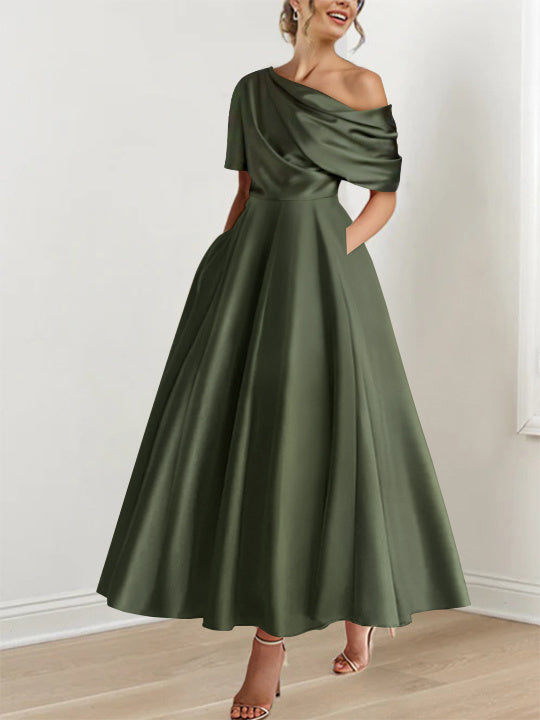 Olive Green Plus Size Mother of The Bride Dress for Spring Wedding Elegant One Shoulder Ankle-Length Evening Party Dresses for Women