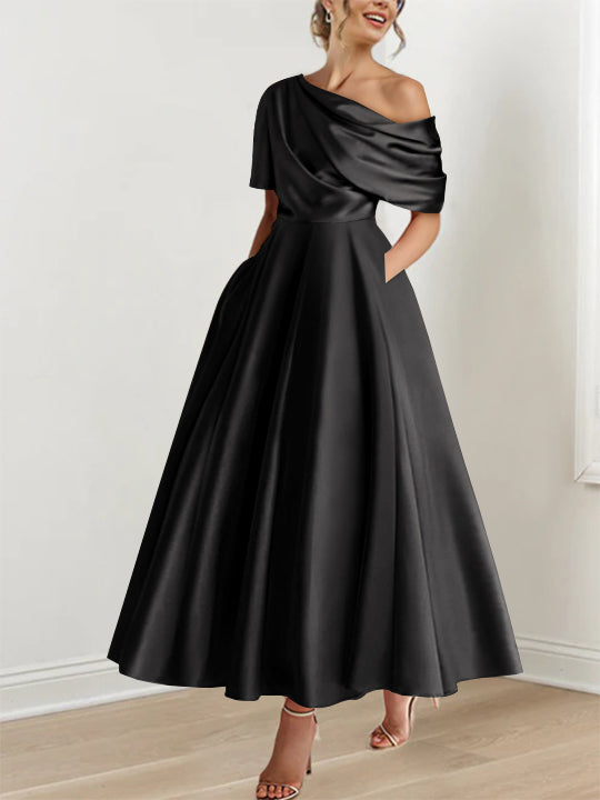 Mother of The Bride Dress Navy Blue for Women's A-Line One Shoulder Ankle Length Prom Party Evening Gowns