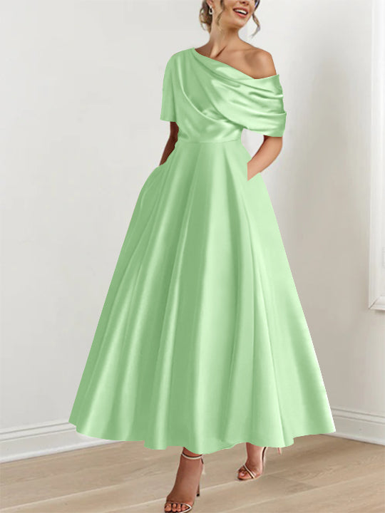 A-Line/Princess One-shoulder Half Sleeve Ankle-Length Plus Size Mother of the Bride Dresses with Ruffles