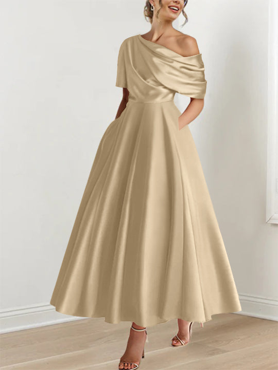 one shoulder Champagne ankle length mother of the bride dress