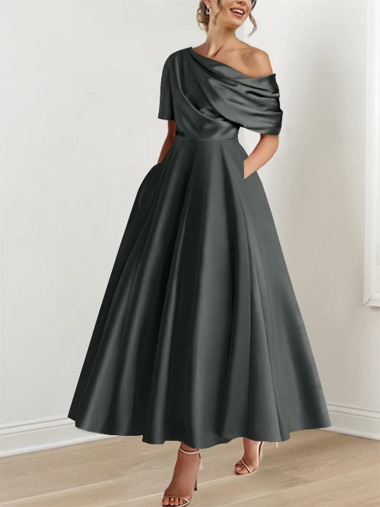 Mother of The Bride Dress Navy Blue for Women's A-Line One Shoulder Ankle Length Prom Party Evening Gowns