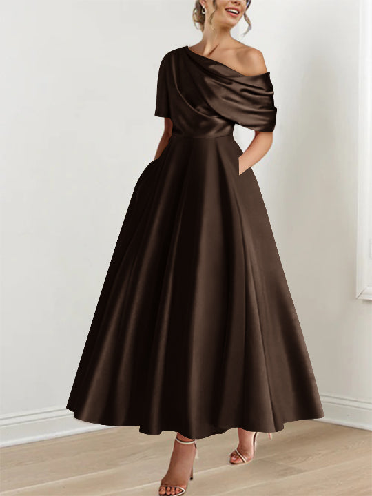 Mother of The Bride Dress Navy Blue for Women's A-Line One Shoulder Ankle Length Prom Party Evening Gowns