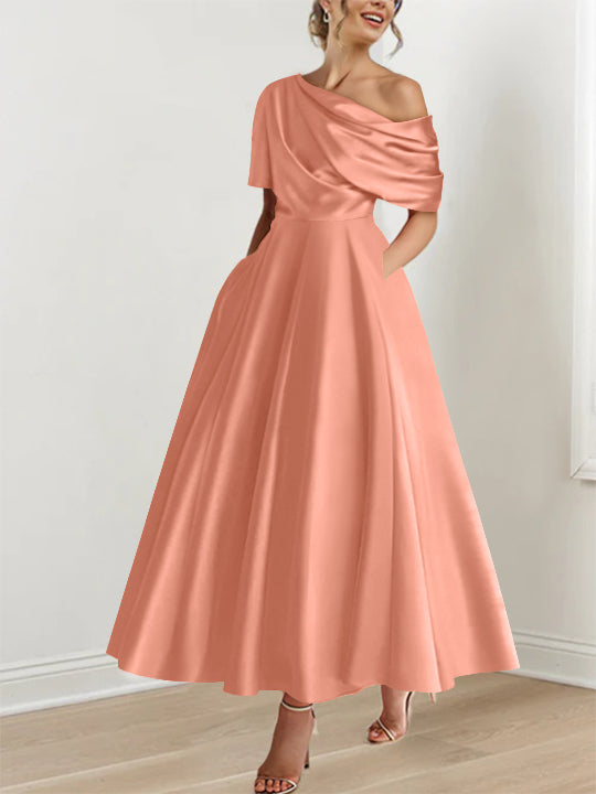 A-Line/Princess One-shoulder Half Sleeve Ankle-Length Plus Size Mother of the Bride Dresses with Ruffles