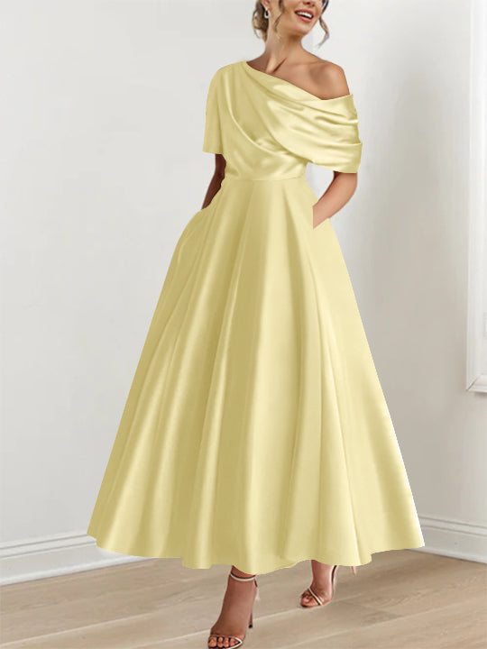 A-Line/Princess One-shoulder Half Sleeve Ankle-Length Plus Size Mother of the Bride Dresses with Ruffles