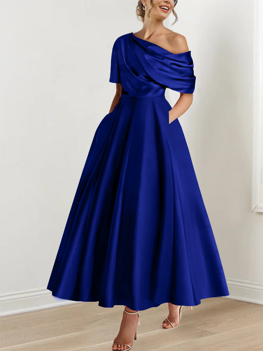 Mother of The Bride Dress Dark Royal Blue for Wedding Classic One Shoulder Ankle-Length Evening Party Dresses for Women