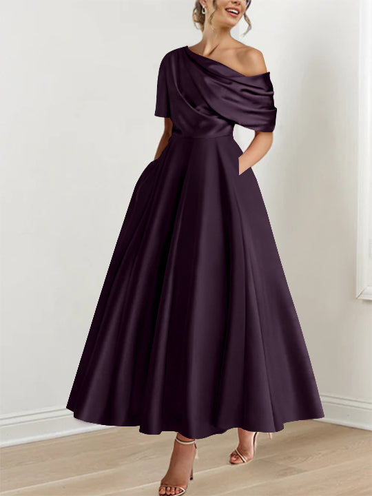 Dusk Mother of The Groom Gown for Elegant Women's One Shoulder Ankle Length Wedding Guest Formal Dresses with Ruffles Dusk Mother of The Groom Gown for Elegant Women's One Shoulder Ankle Length Wedding Guest Formal Dresses with Ruffles