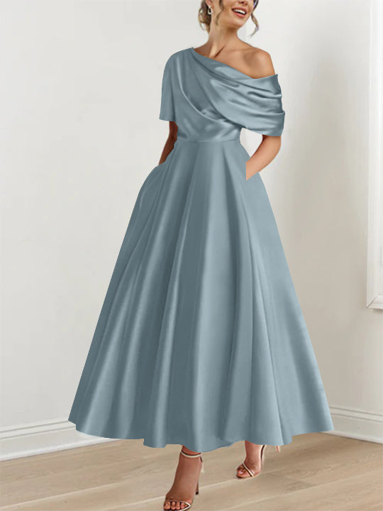 one shoulder dusty blue ankle length mother of the bride dress