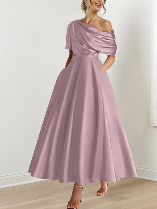 A-Line/Princess One-shoulder Half Sleeve Ankle-Length Plus Size Mother of the Bride Dresses with Ruffles