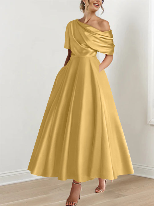 A-Line/Princess One-shoulder Half Sleeve Ankle-Length Plus Size Mother of the Bride Dresses with Ruffles