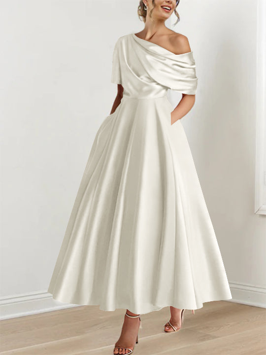 A-Line/Princess One-shoulder Half Sleeve Ankle-Length Plus Size Mother of the Bride Dresses with Ruffles