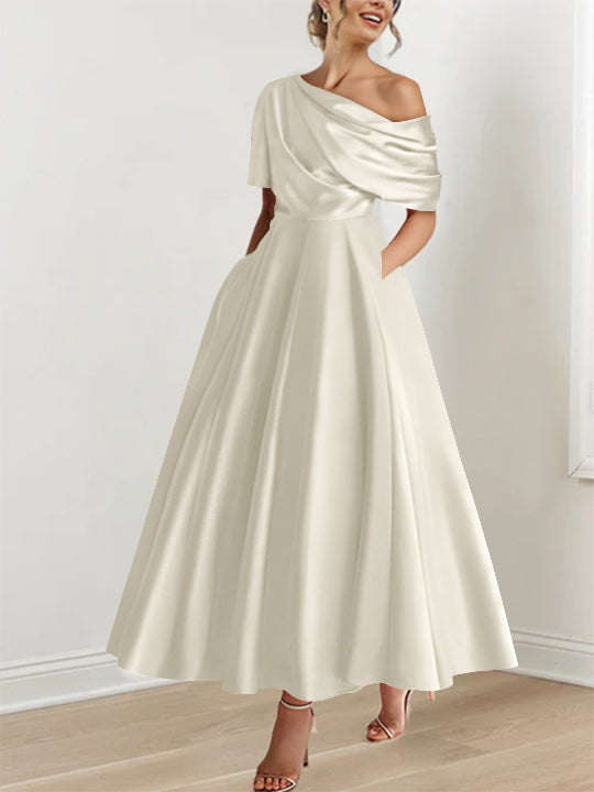 A-Line/Princess One-shoulder Half Sleeve Ankle-Length Mother of the Bride Dresses with Ruffles