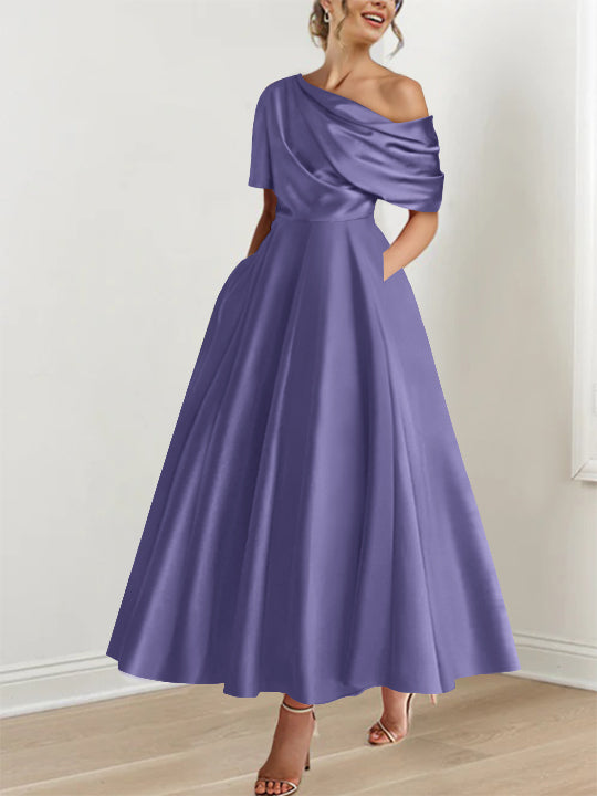 A-Line/Princess One-shoulder Half Sleeve Ankle-Length Plus Size Mother of the Bride Dresses with Ruffles