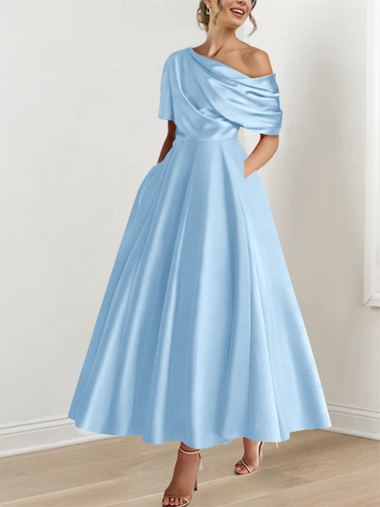 A-Line/Princess One-shoulder Half Sleeve Ankle-Length Plus Size Mother of the Bride Dresses with Ruffles