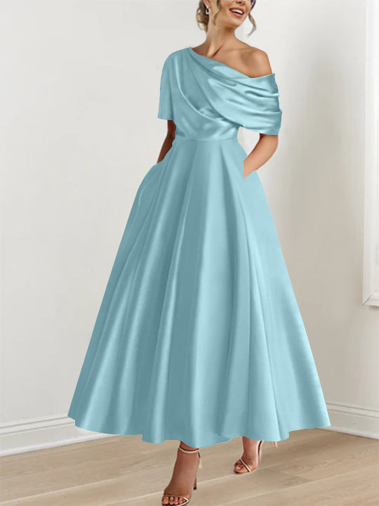 A-Line/Princess One-shoulder Half Sleeve Ankle-Length Plus Size Mother of the Bride Dresses with Ruffles