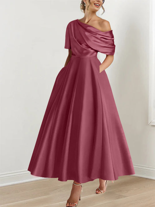 A-Line/Princess One-shoulder Half Sleeve Ankle-Length Plus Size Mother of the Bride Dresses with Ruffles