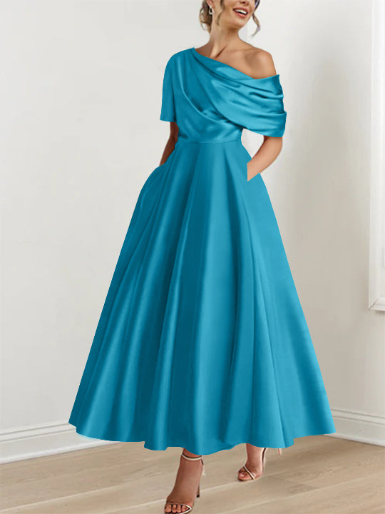 A-Line/Princess One-shoulder Half Sleeve Ankle-Length Mother of the Bride Dresses with Ruffles