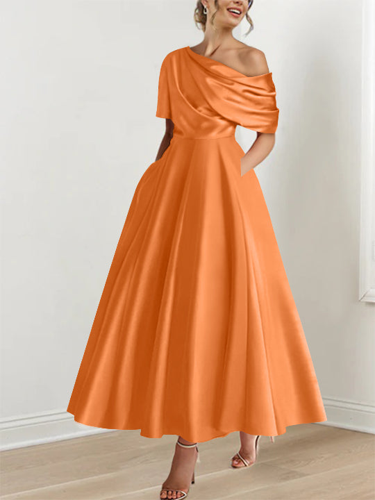 A-Line/Princess One-shoulder Half Sleeve Ankle-Length Plus Size Mother of the Bride Dresses with Ruffles