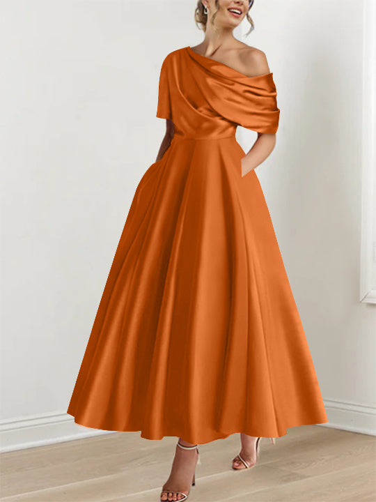 A-Line/Princess Off-The-Shoulder Satin Mother Of The Bride Dresses Sleeveless Ankle-Length with Ruffles & Bowknot Orange A-Line/Princess Off-The-Shoulder Satin Mother Of The Bride Dresses Sleeveless Ankle-Length with Ruffles & Bowknot Orange