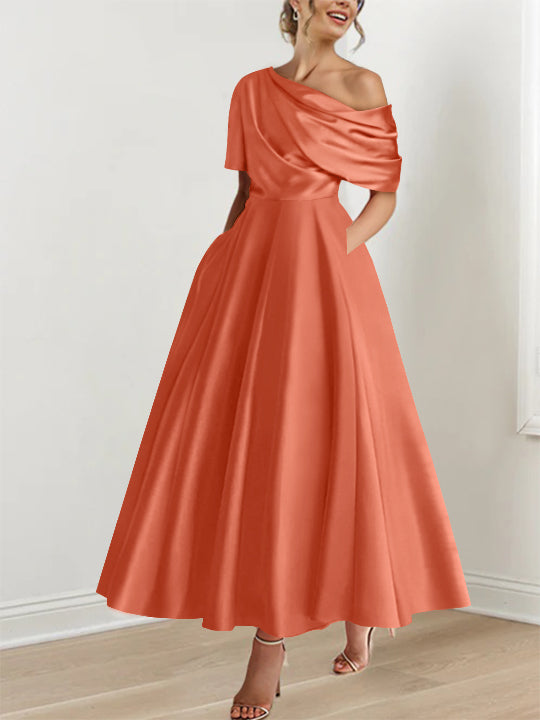 A-Line/Princess One-shoulder Half Sleeve Ankle-Length Plus Size Mother of the Bride Dresses with Ruffles