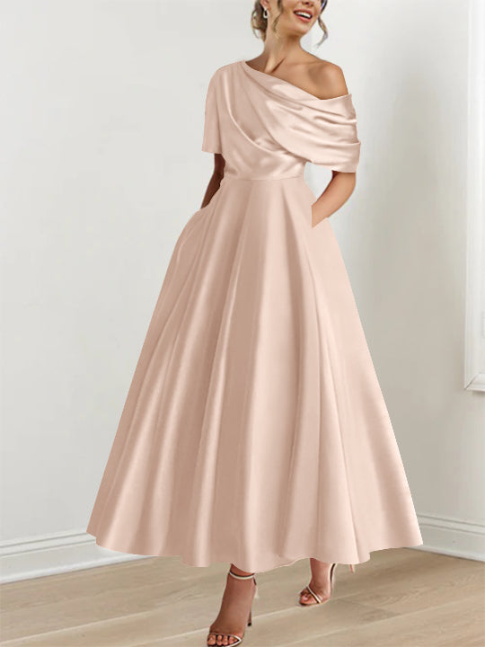 A-Line/Princess One-shoulder Half Sleeve Ankle-Length Plus Size Mother of the Bride Dresses with Ruffles