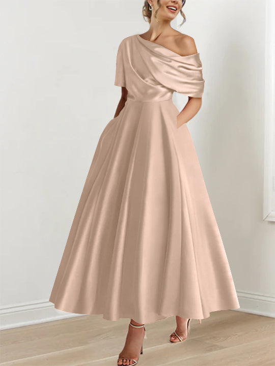 A-Line/Princess One-shoulder Half Sleeve Ankle-Length Mother of the Bride Dresses with Ruffles