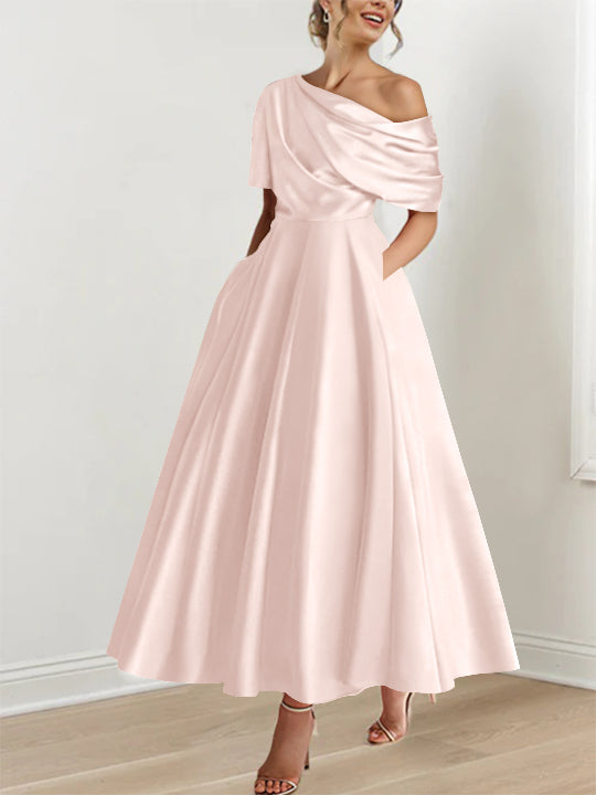 A-Line/Princess One-shoulder Half Sleeve Ankle-Length Mother of the Bride Dresses with Ruffles