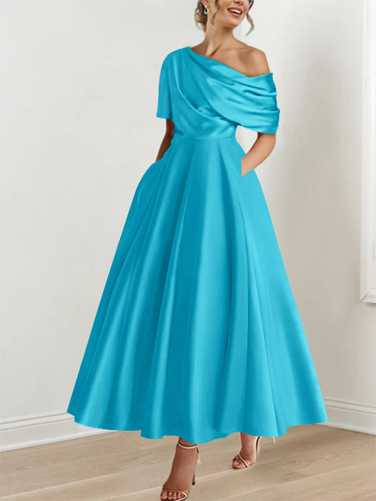 A-Line/Princess One-shoulder Half Sleeve Ankle-Length Plus Size Mother of the Bride Dresses with Ruffles