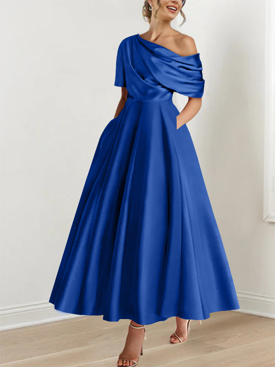Mother of The Bride Dress Royal Blue for Wedding Classic One Shoulder Ankle-Length Evening Party Dresses for Women