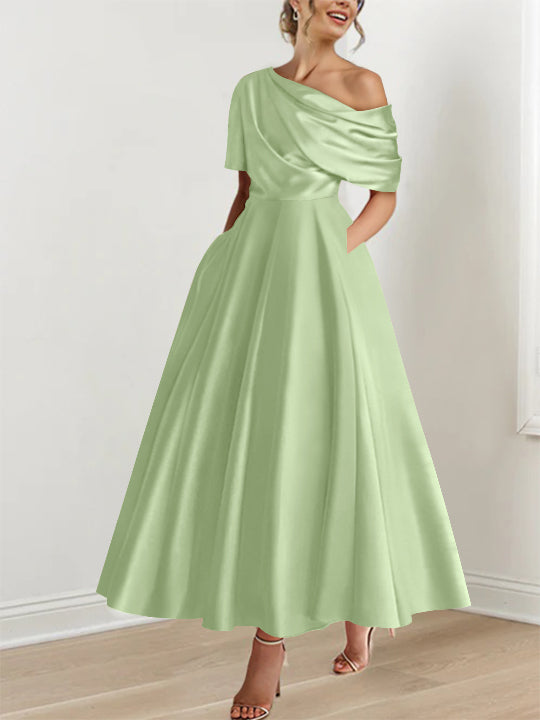 A-Line/Princess One-shoulder Half Sleeve Ankle-Length Plus Size Mother of the Bride Dresses with Ruffles