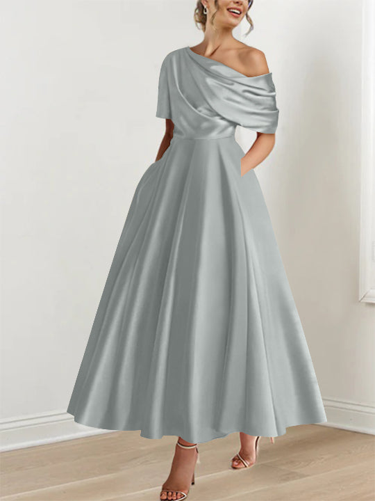 A-Line/Princess One-shoulder Half Sleeve Ankle-Length Plus Size Mother of the Bride Dresses with Ruffles