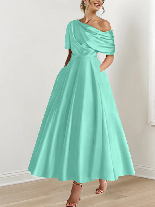 A-Line/Princess One-shoulder Half Sleeve Ankle-Length Plus Size Mother of the Bride Dresses with Ruffles