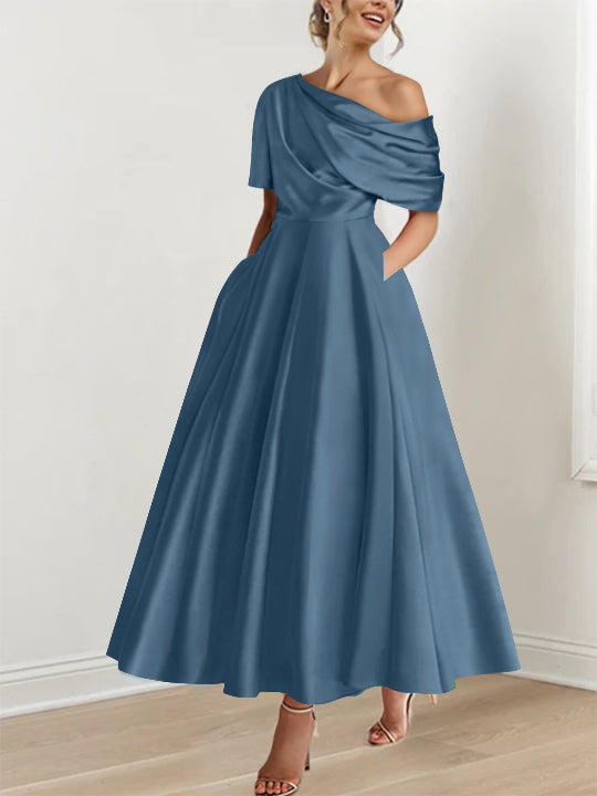 A-Line/Princess One-shoulder Half Sleeve Ankle-Length Plus Size Mother of the Bride Dresses with Ruffles